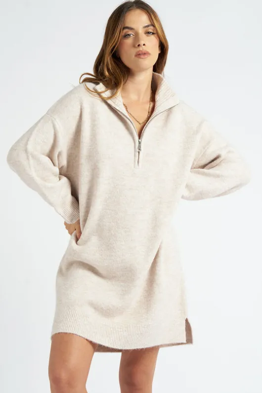 Oatmeal Plain Oversized Half Zip Dress