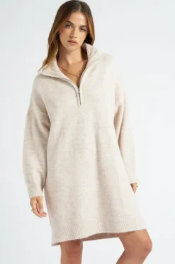 Oatmeal Plain Oversized Half Zip Dress