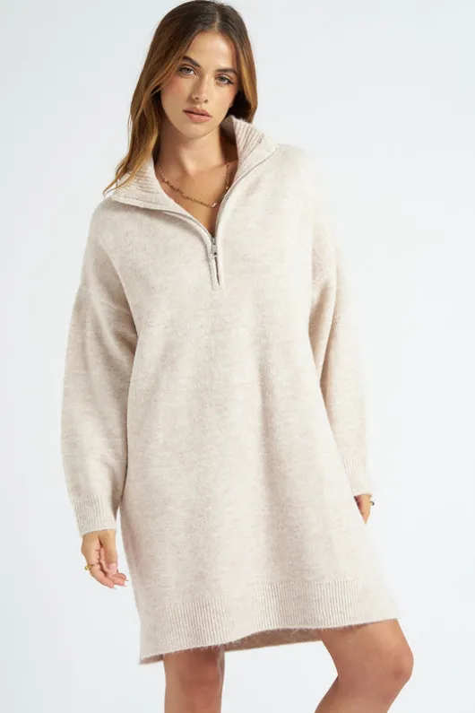 Oatmeal Plain Oversized Half Zip Dress
