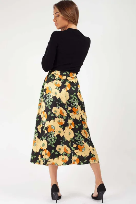 Oriental Black Satin Floral Wrap Midi Skirt