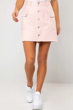 Pink Tara Denim Cargo Pocket Button Up Mini Skirt