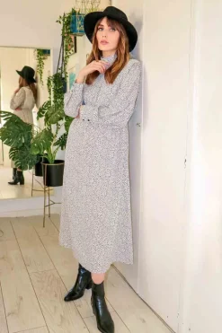 Shoulder Pad High Neck Midi Dress