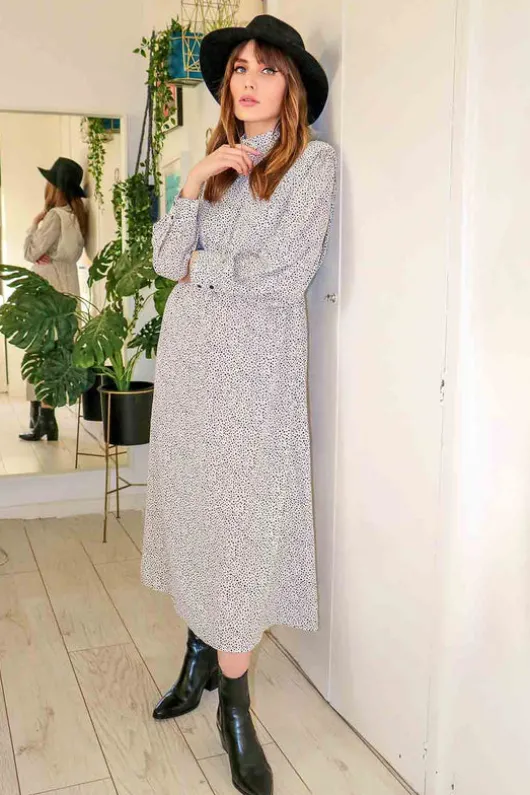 Shoulder Pad High Neck Midi Dress