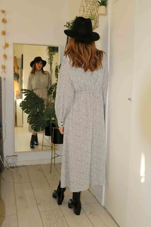 Shoulder Pad High Neck Midi Dress