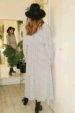 Shoulder Pad High Neck Midi Dress