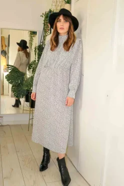 Shoulder Pad High Neck Midi Dress