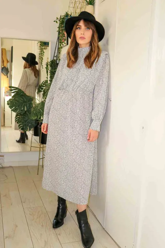 Shoulder Pad High Neck Midi Dress