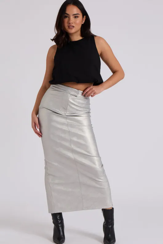 Silver PU Split Back Maxi Skirt