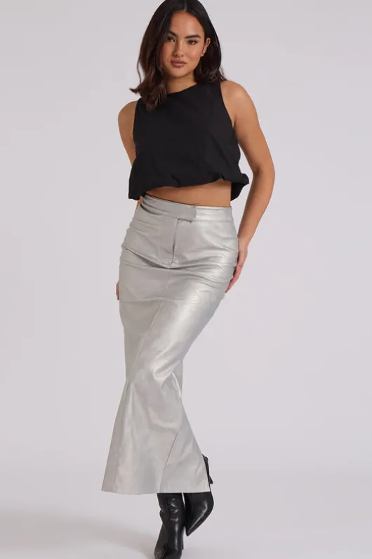 Silver PU Split Back Maxi Skirt