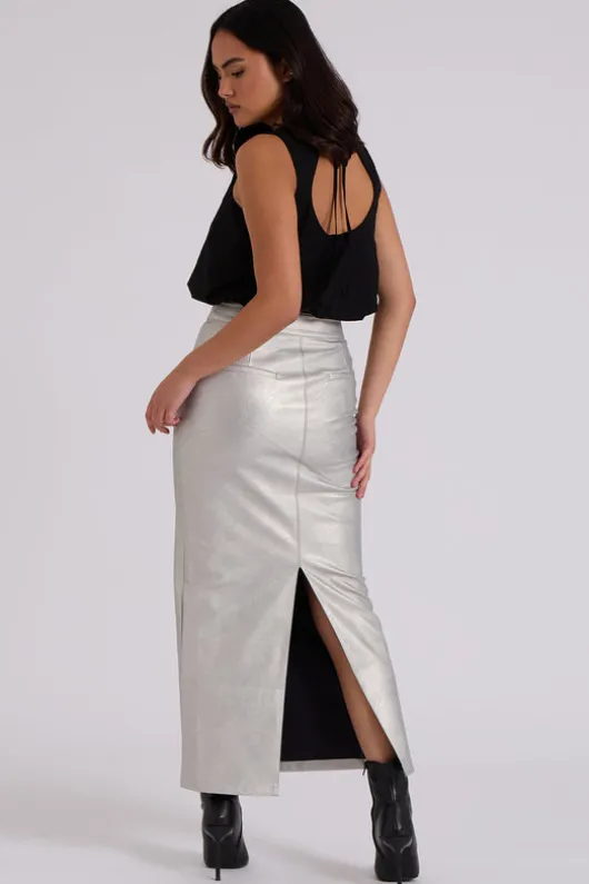 Silver PU Split Back Maxi Skirt