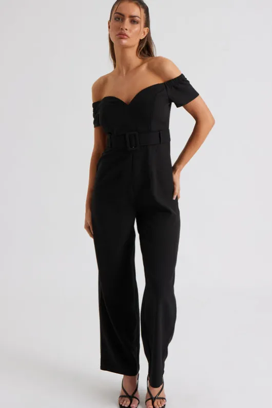 Vienna Black Self Belted Bardot Jumpsuit