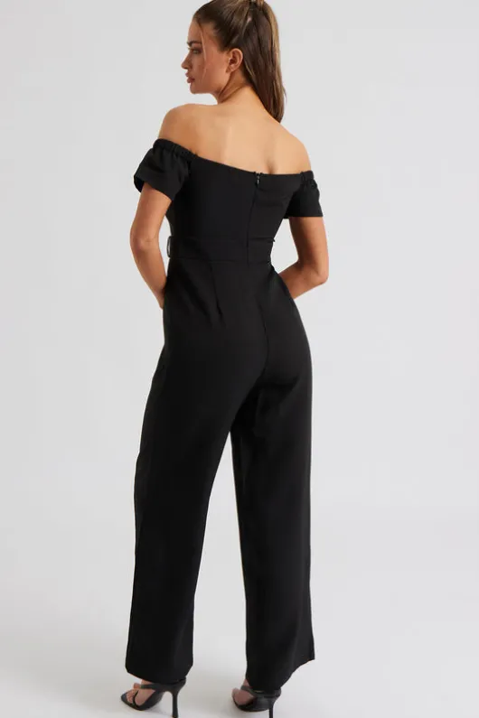 Vienna Black Self Belted Bardot Jumpsuit