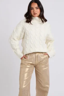 White Cable Roll Neck Jumper
