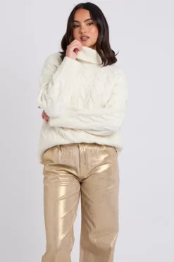 White Cable Roll Neck Jumper