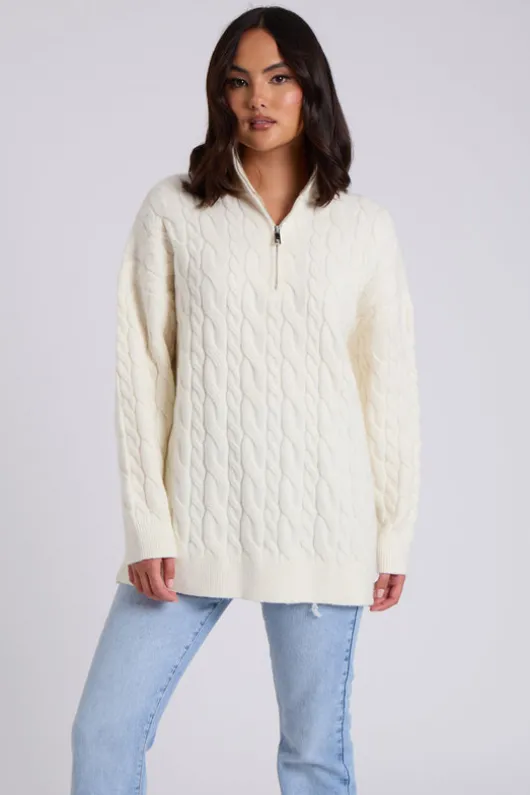 White Cable Zip Neck Jumper