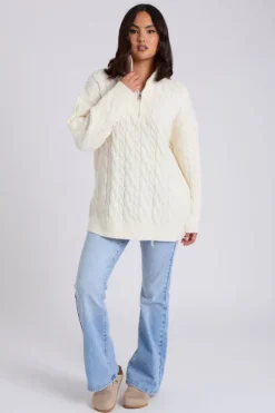 White Cable Zip Neck Jumper