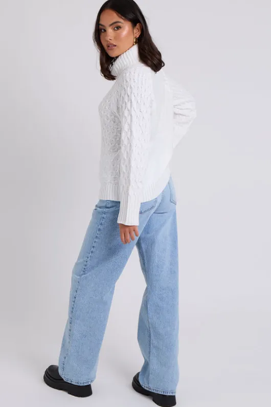 White Honeycomb Cable Roll Neck Jumper